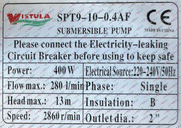 پمپ کفکش 1.2 اسب ویستولا - SPT15-10-0.9AF با حداکثر هد 17 متر و حداکثر دبی 400 لیتر بر دقیقه و با محافظ حرارتی و گارانتی یک ساله تولید کننده