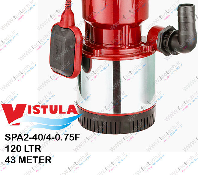 پمپ کفکش پروانه استیل یک اسب یک و یک چهارم اینچ ویستولا مدلVGX40F کد فنیSPA2-40/4-0.75F با حداکثر هد 65 متر و حداکثر دبی 120 لیتر در دقیقه فلوتردار ویستولا مناسب آب صاف و گارانتی یک ساله تولید کننده