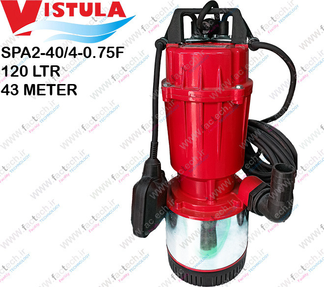 پمپ کفکش پروانه استیل یک اسب یک و یک چهارم اینچ ویستولا مدلVGX40F کد فنیSPA2-40/4-0.75F با حداکثر هد 65 متر و حداکثر دبی 120 لیتر در دقیقه فلوتردار ویستولا مناسب آب صاف و گارانتی یک ساله تولید کننده