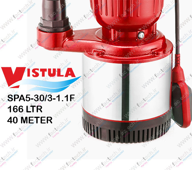 پمپ کفکش پروانه استیل یک و نیم اسب دو اینچ ویستولا - SPA5-30/3-1.1F با حداکثر هد 40 متر و حداکثر دبی 166 لیتر بر دقیقه ، فلوتردار مناسب آب صاف و گارانتی یک ساله تولید کننده