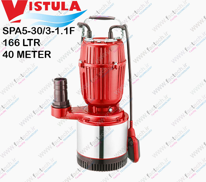 پمپ کفکش پروانه استیل یک و نیم اسب دو اینچ ویستولا - SPA5-30/3-1.1F با حداکثر هد 40 متر و حداکثر دبی 166 لیتر بر دقیقه ، فلوتردار مناسب آب صاف و گارانتی یک ساله تولید کننده