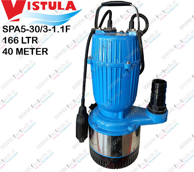 پمپ کفکش پروانه استیل یک و نیم اسب دو اینچ ویستولا - SPA5-30/3-1.1F با حداکثر هد 40 متر و حداکثر دبی 166 لیتر بر دقیقه ، فلوتردار مناسب آب صاف و گارانتی یک ساله تولید کننده