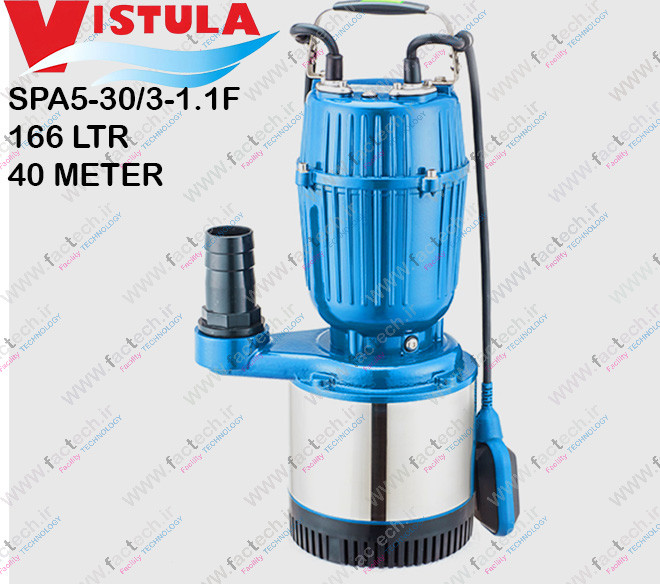 پمپ کفکش پروانه استیل یک و نیم اسب دو اینچ ویستولا - SPA5-30/3-1.1F با حداکثر هد 40 متر و حداکثر دبی 166 لیتر بر دقیقه ، فلوتردار مناسب آب صاف و گارانتی یک ساله تولید کننده