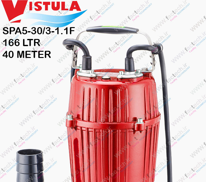 پمپ کفکش پروانه استیل یک و نیم اسب دو اینچ ویستولا - SPA5-30/3-1.1F با حداکثر هد 40 متر و حداکثر دبی 166 لیتر بر دقیقه ، فلوتردار مناسب آب صاف و گارانتی یک ساله تولید کننده