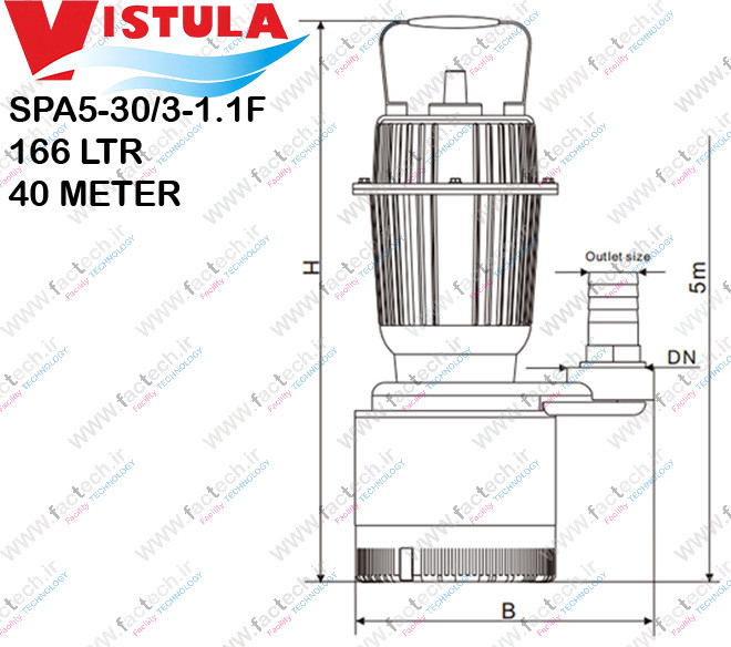پمپ کفکش پروانه استیل یک و نیم اسب دو اینچ ویستولا - SPA5-30/3-1.1F با حداکثر هد 40 متر و حداکثر دبی 166 لیتر بر دقیقه ، فلوتردار مناسب آب صاف و گارانتی یک ساله تولید کننده