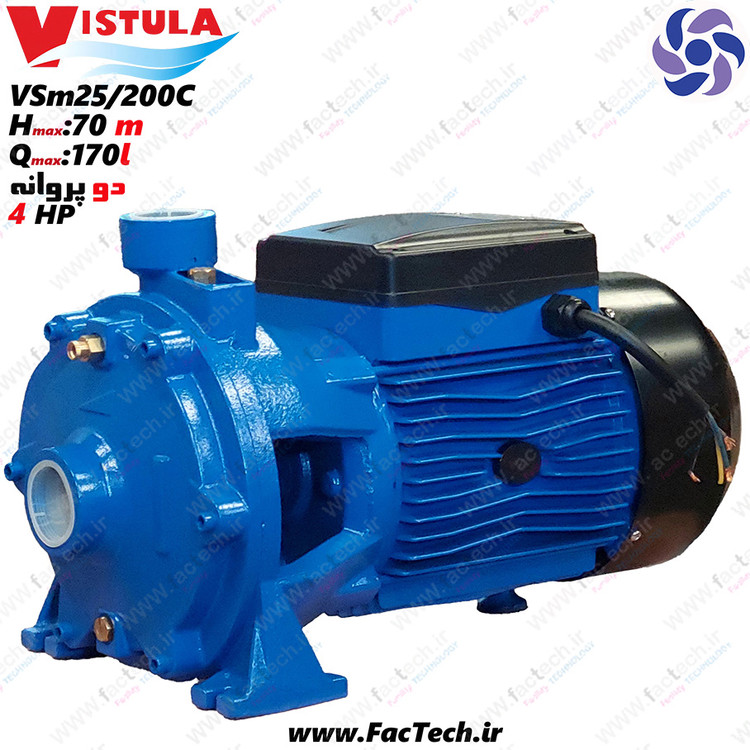 پمپ 4 اسب دو پروانه ویستولا - VSM25/200C پروانه برنجی با حداکثر هد 70 متر و حداکثر دبی 170 ...