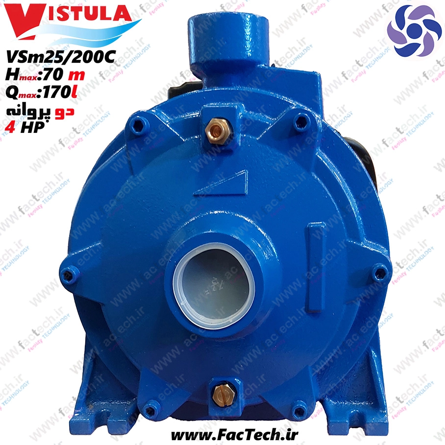 پمپ 4 اسب دو پروانه ویستولا - VSM25/200C پروانه برنجی با حداکثر هد 70 متر و حداکثر دبی 170 ...