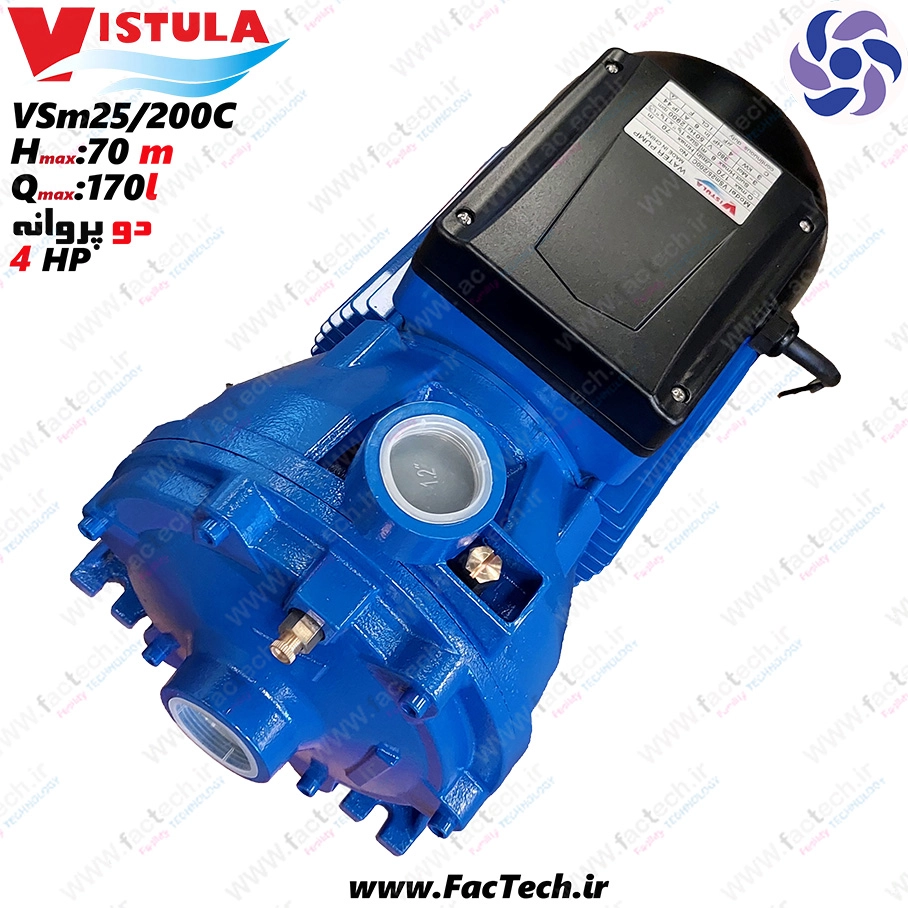 پمپ 4 اسب دو پروانه ویستولا - VSM25/200C پروانه برنجی با حداکثر هد 70 متر و حداکثر دبی 170 ...