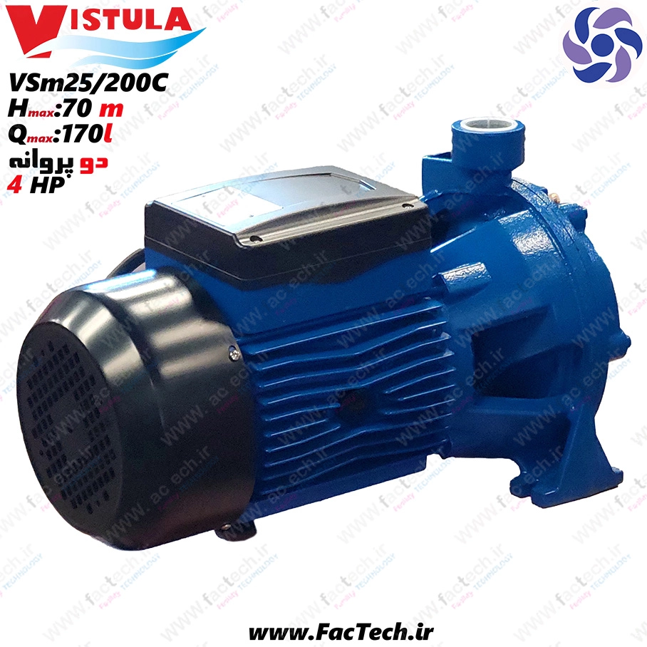 پمپ 4 اسب دو پروانه ویستولا - VSM25/200C پروانه برنجی با حداکثر هد 70 متر و حداکثر دبی 170 ...