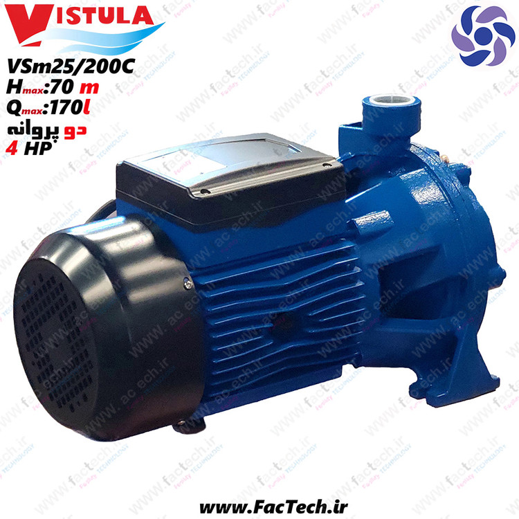 پمپ 4 اسب دو پروانه ویستولا - VSM25/200C پروانه برنجی با حداکثر هد 70 متر و حداکثر دبی 170 ...