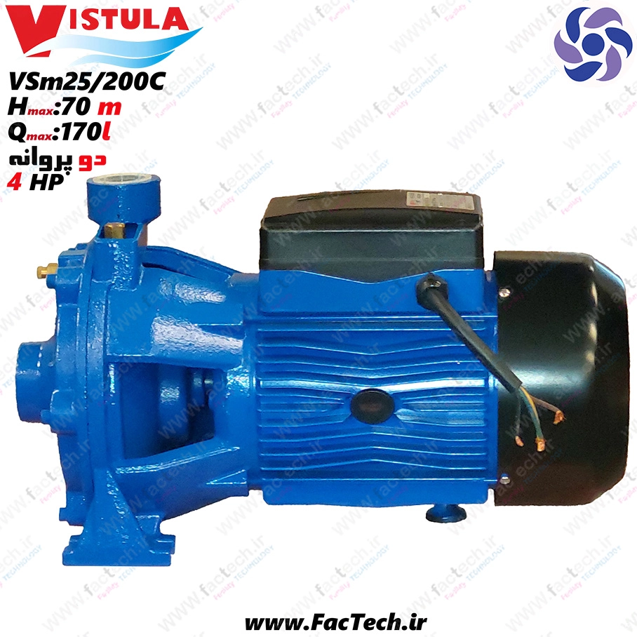 پمپ 4 اسب دو پروانه ویستولا - VSM25/200C پروانه برنجی با حداکثر هد 70 متر و حداکثر دبی 170 ...