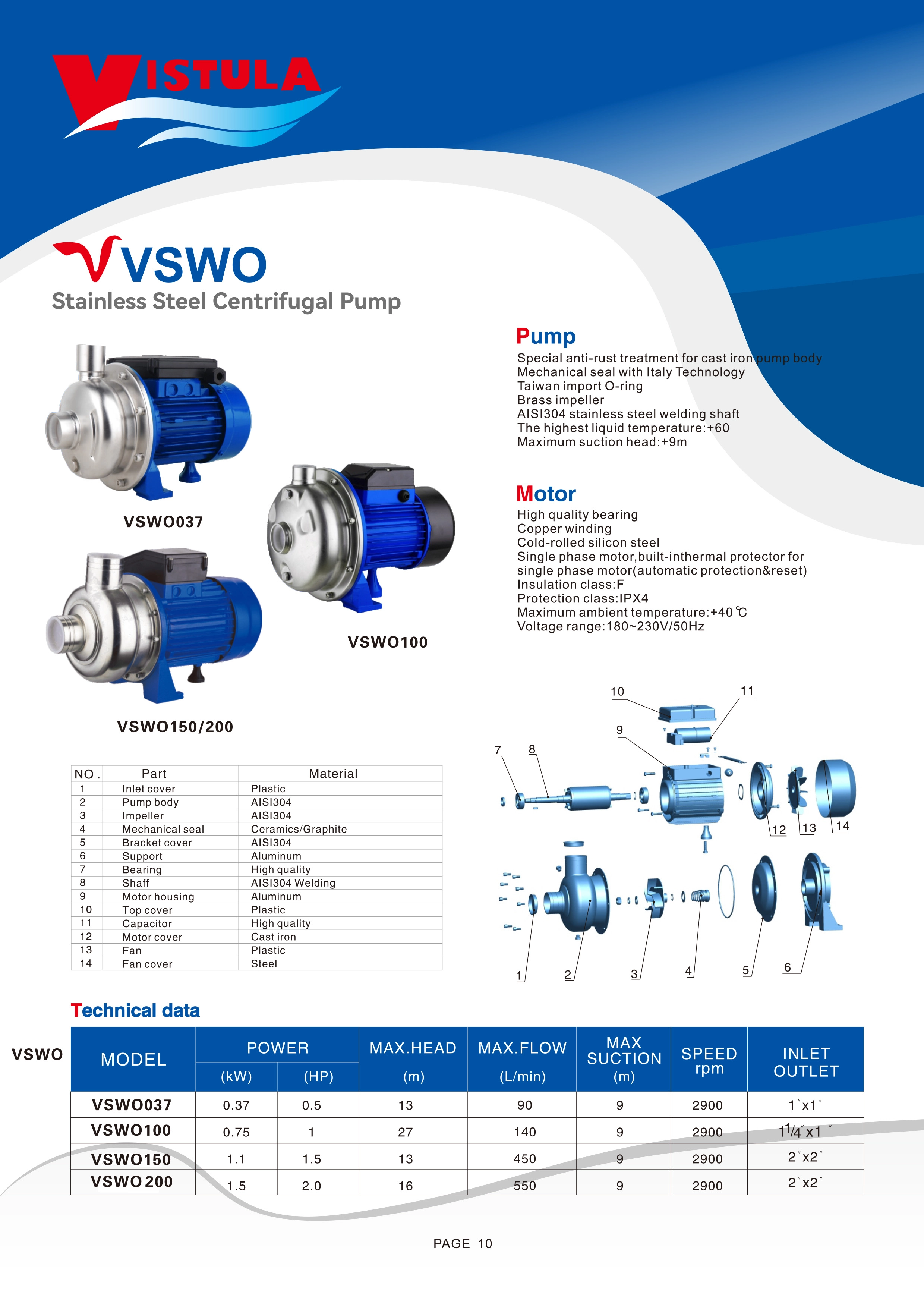 پمپ نیم اسب تمام استیل خانگی ویستولا VSWO037 (پمپ و پروانه و شفت استیل) حداکثر هد 13 متر و حداکثر دبی 90 لیتر