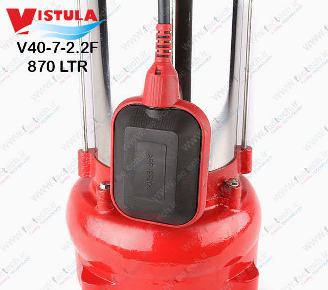 پمپ لجنکش نیمه استیل 3 اسب 4 اینچ ویستولا VGM400Fبه کد فنی V40-7-2.2F هد 16 متر و دبی 870 لیتر بر دقیقه و با محافظ حرارتی و گارانتی یک ساله تولید کننده