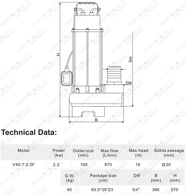 پمپ لجنکش نیمه استیل 3 اسب 4 اینچ ویستولا VGM400Fبه کد فنی V40-7-2.2F هد 16 متر و دبی 870 لیتر بر دقیقه و با محافظ حرارتی و گارانتی یک ساله تولید کننده