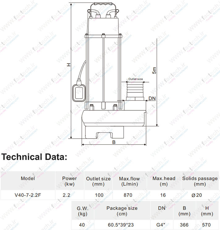 پمپ لجنکش نیمه استیل 3 اسب 4 اینچ ویستولا VGM400Fبه کد فنی V40-7-2.2F هد 16 متر و دبی 870 لیتر بر دقیقه و با محافظ حرارتی و گارانتی یک ساله تولید کننده